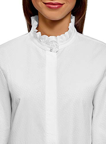 oodji Ultra Mujer Camisa con Volantes en el Cuello, Blanco, ES 34 / XXS