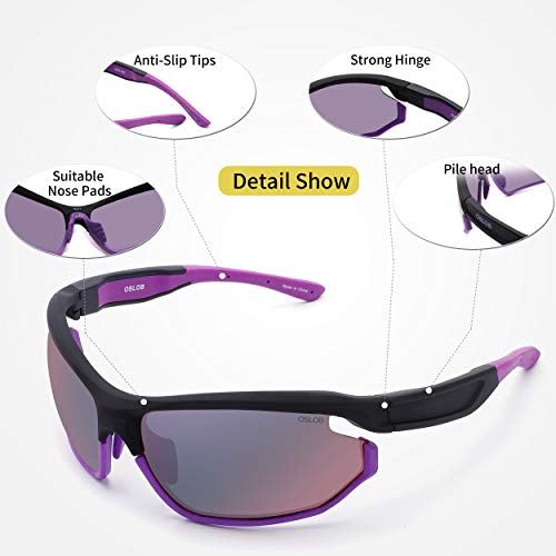 OSLOB Gafas De Sol Deportivas Para Hombres Y Mujeres, Lentes De Policarbonato Que Se Aplican Al Ciclismo, Conducción, Pesca, Correr Con Protección UV, Gafas De Sol ST011 |Negro/Violeta|70-17-135