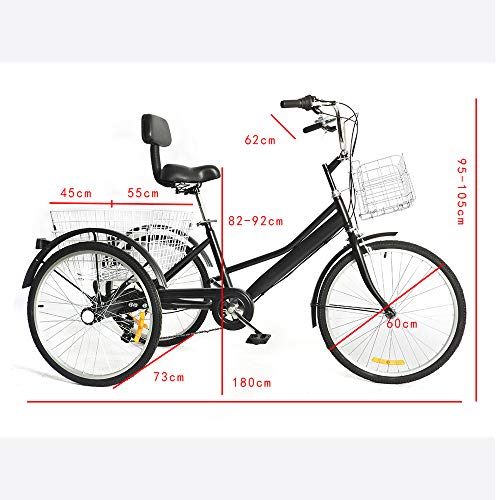 OUKANING Bicicleta de 24 Pulgadas Triciclo para Adultos de 7 velocidades, Bicicleta de 3 Ruedas, con Asiento de Respaldo de Cesta Grande, Adecuado para Mujeres, Hombres, Deportes, Ocio