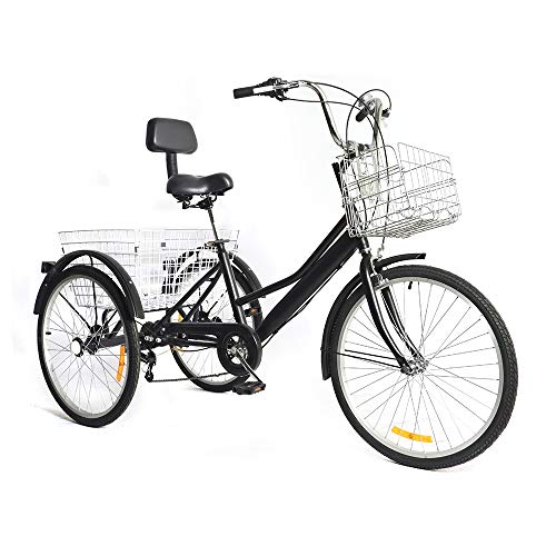 OUKANING Bicicleta de 24 Pulgadas Triciclo para Adultos de 7 velocidades, Bicicleta de 3 Ruedas, con Asiento de Respaldo de Cesta Grande, Adecuado para Mujeres, Hombres, Deportes, Ocio