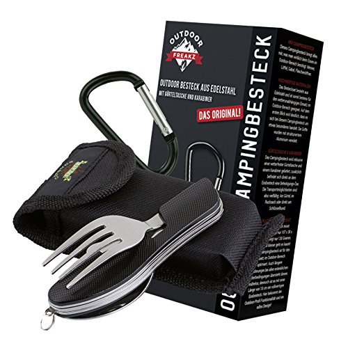 OUTDOOR FREAKZ Cubiertos para cámping Plegable - Vajilla de Exteriores de Acero Inoxidable con Bolsa de Neopreno (Black +)