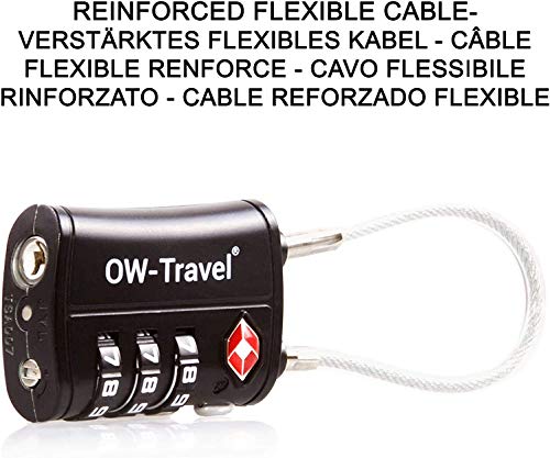 OW-Travel Candado Combinacion Cable Acero Flexible Anti robo. Candado maleta TSA numerico 3 Digitos. Candados mochila y maletas. Candado Taquilla Gimnasio. TSA candado seguridad equipaje Negro 2