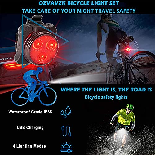 Ozvavzk Luz Bicicleta,Luces Bicicleta Recargable USB,Luces Bicicleta Delantera y Trasera para 4 Modos,Impermeable LED Luz Bicicleta,Luces Seguridad para Ciclismo de Montaña y Carretera