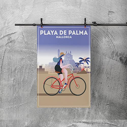 Palma Beach Mallorca - Póster de viaje vintage para niña, diseño de bicicleta, póster de lienzo para decoración de pared