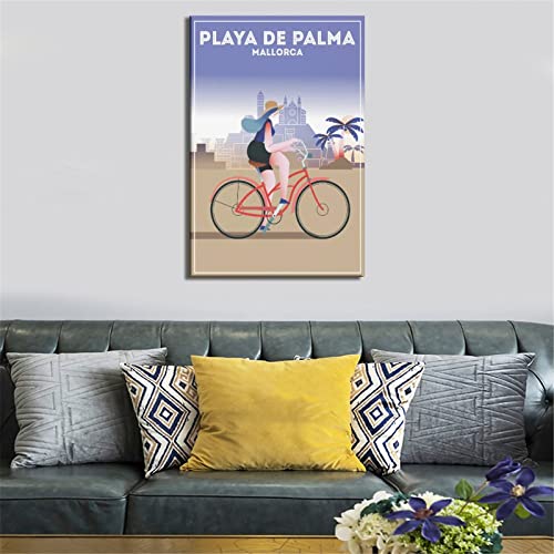 Palma Beach Mallorca - Póster de viaje vintage para niña, diseño de bicicleta, póster de lienzo para decoración de pared