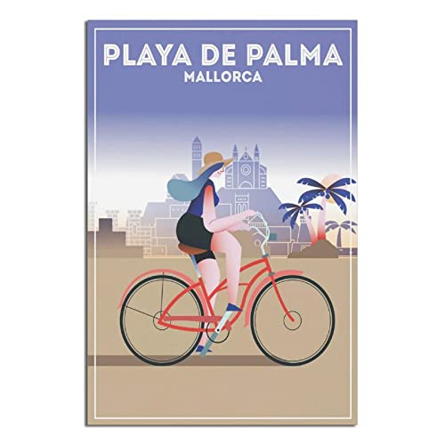 Palma Beach Mallorca - Póster de viaje vintage para niña, diseño de bicicleta, póster de lienzo para decoración de pared