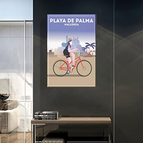 Palma Beach Mallorca - Póster de viaje vintage para niña, diseño de bicicleta, póster de lienzo para decoración de pared