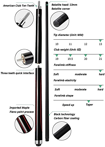 Palos de Billar Varilla De Punzón Y Salto De Arce De 59 Pulgadas, Puntas De 13 Mm, Tecnología Negra De 20 Oz, Taco De Billar De Nueve Bolas para Adultos De Fibra De Carbono para Adultos