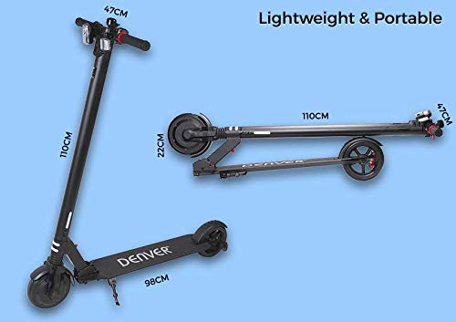 Patinete Eléctrico Denver SCO-65110 Motor de 250 W, Marco de Aluminio. Velocidad máx. 20 km/h, Recorrido hasta 12 Km por Carga. Ruedas 6.5 ", Luz Delantera y Trasera, Plegable y Ligero, Negro, Unica