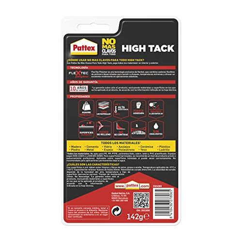 Pattex No Más Clavos Para Todo HighTack, adhesivo de montaje resistente a temperaturas extremas, pegamento fuerte en superficies húmedas, adhesivo blanco, 1 tubo x 142 g