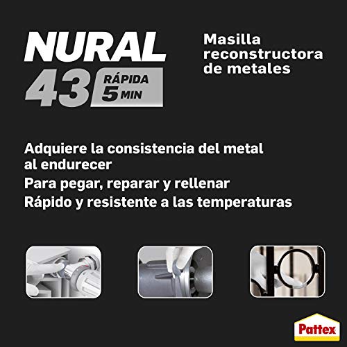Pattex Nural 43 Masilla reconstructora de metales, masilla adhesiva para restaurar piezas metálicas, masilla gris para grietas, agujeros, fisuras y uniones, 1 x 48 g