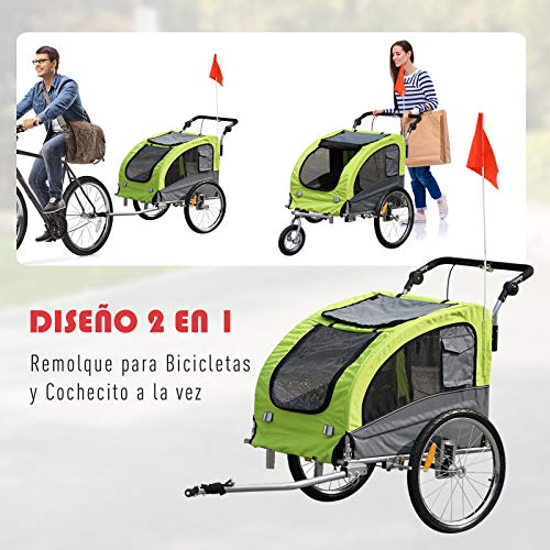 Pawhut Remolque Bicicleta Perros Carro Cochecito para Transporte Mascota 2 en 1 con Barra de Paseo Amortiguador Rueda Giratoria 360° Reflectores Carga Máx. 30kg