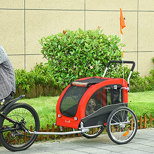 Pawhut Remolque de Bicicleta Perros Plegable Carrito de Transporte para Mascotas con 1 Bandera 4 Reflectores Enganche y Cubierta de Lluvia Tela Oxford 162x74x85 cm Rojo