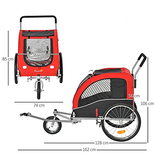 Pawhut Remolque de Bicicleta Perros Plegable Carrito de Transporte para Mascotas con 1 Bandera 4 Reflectores Enganche y Cubierta de Lluvia Tela Oxford 162x74x85 cm Rojo