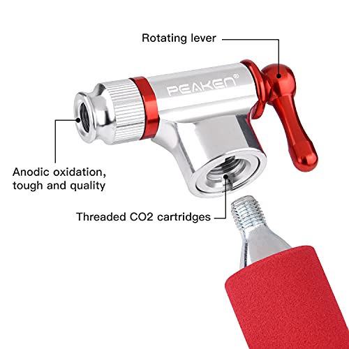 Peaken CO2 Inflador Bicicleta, Ligero y rápido, Compatible con válvula Presta Schrader para Bolas/Bicicletas de montaña, Bomba de neumáticos con Funda (no Contiene Cartuchos de CO2)