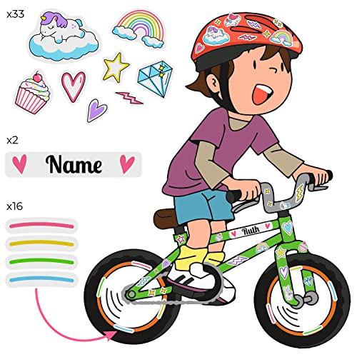 Pegatinas Reflectantes para Bicicleta con Nombre. 51 Etiquetas de Vinilo Reflectante Adhesivo Personalizadas con Dibujos Infantiles para Bicicleta, patinetes, Cascos y Accesorios de niños
