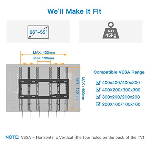 Perlegear Soporte de Pared para TV 26 a 55 Pulgadas - Soporte de Televisores en Pared Inclinable con Carga de 45 kg, VESA máx. 400 x 400 mm