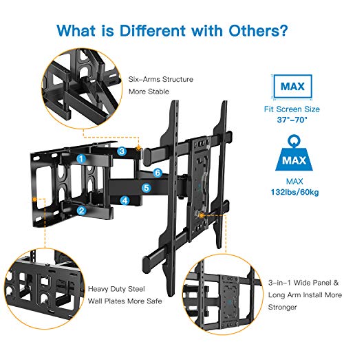 PERLESMITH Soporte de TV Pared Articulado Inclinable Y Giratorio – Soporte De TV para Pantallas De 37-70” TV – MAX VESA 600x400mm, para Soportar 60kg