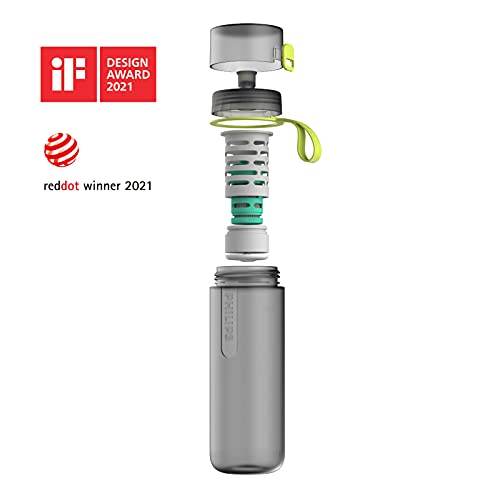 Philips - AWP2722 - Botella Filtro de Agua Go Zero Active, Modelo Adventure, Elimina el cloro y mejora el sabor, Libre de BPA, 600 ml, Gris