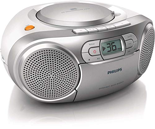 Philips AZ127/12 Reproductor de CD Portátil, Radio CD (Radio FM, Pletina de Casete, Refuerzo Dinámico de Graves, Entrada de Audio), Plateado