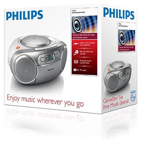 Philips AZ127/12 Reproductor de CD Portátil, Radio CD (Radio FM, Pletina de Casete, Refuerzo Dinámico de Graves, Entrada de Audio), Plateado