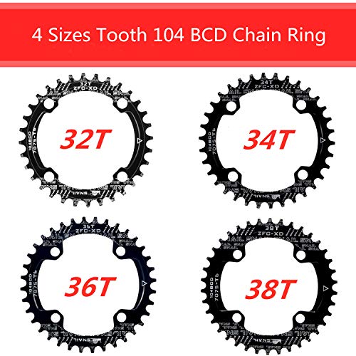 Plato 104 BCD 32T 34T 36T 38T Anillo de Cadena Simple Ancho Estrecho con 4 Piezas de Tornillos de Piñón para Bicicletas de Carretera, Bicicletas de Montaña, Bicicleta BMX MTB (Negro, 32T)