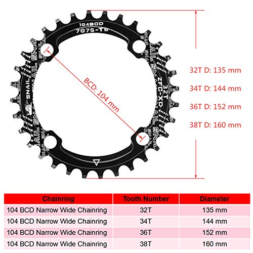 Plato de Bicicleta 104 BCD 32T 34T 36T 38T Anillo de Cadena Simple Ancho Estrecho con 4 Piezas de Tornillos de Piñón para Bicicletas de Carretera, Bicicletas de Montaña, Bicicleta BMX MTB