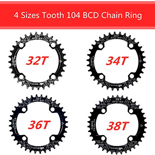Plato de Bicicleta 104 BCD 32T 34T 36T 38T Anillo de Cadena Simple Ancho Estrecho con 4 Piezas de Tornillos de Piñón para Bicicletas de Carretera, Bicicletas de Montaña, Bicicleta BMX MTB