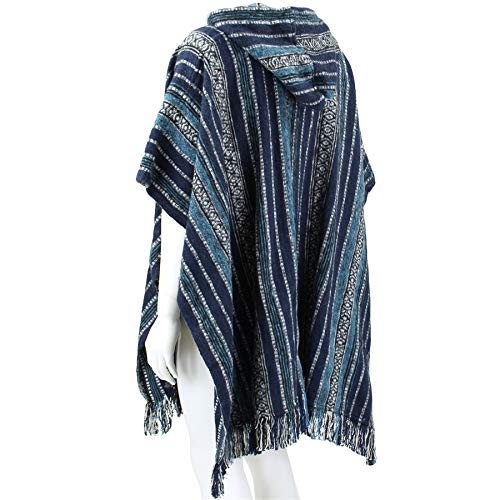 Poncho hippie con capucha estilo mexicano, algodón, algodón Gheri Multicolor Azul y blanco. Talla única