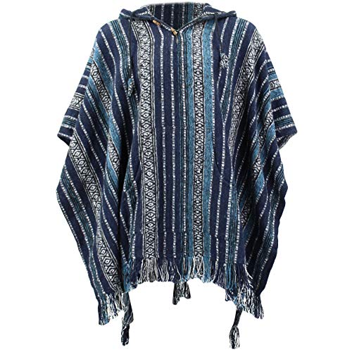 Poncho hippie con capucha estilo mexicano, algodón, algodón Gheri Multicolor Azul y blanco. Talla única