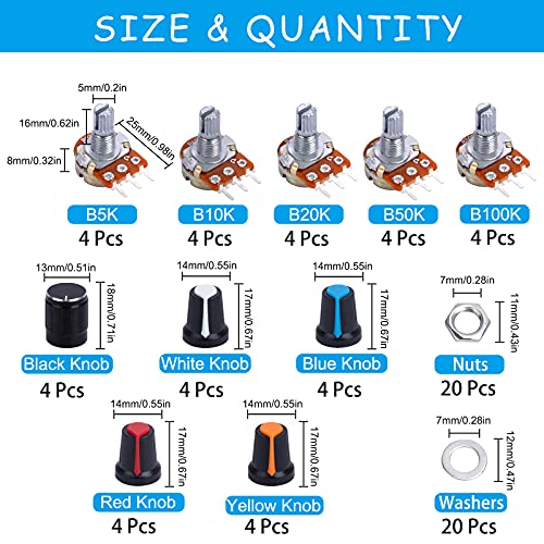 Potenciómetro Rotativo Potenciómetros Lineal Cónico 5K 10K 20K 50K 100K Ohm 3 Terminales con Perilla Tuercas Arandelas 20 Juegos