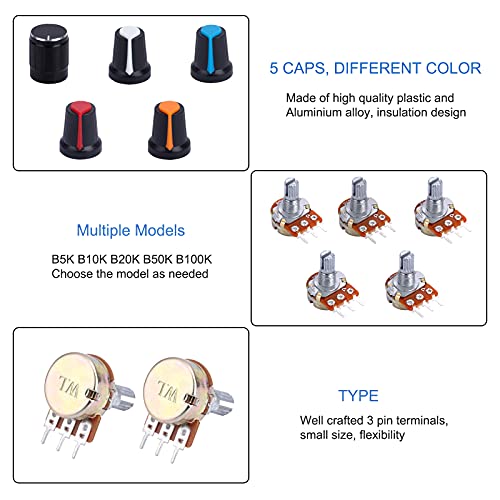 Potenciómetro Rotativo Potenciómetros Lineal Cónico 5K 10K 20K 50K 100K Ohm 3 Terminales con Perilla Tuercas Arandelas 20 Juegos