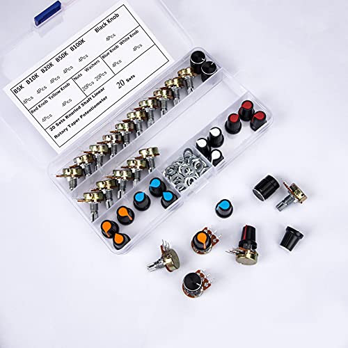 Potenciómetro Rotativo Potenciómetros Lineal Cónico 5K 10K 20K 50K 100K Ohm 3 Terminales con Perilla Tuercas Arandelas 20 Juegos