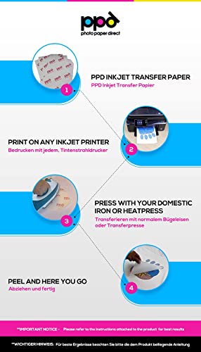 PPD A4 x 5 Hojas de Papel de Transferencia Térmica Para Camisetas, Mascarillas y Tejidos Claros - Para Impresora de Inyección de Tinta Inkjet - PPD-1-5