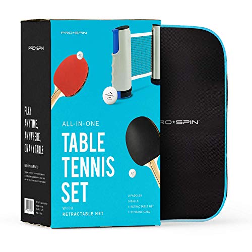 PRO-SPIN Set de Ping Pong Portátil - Kit Premium con Red Retráctil para Cualquier Mesa, Palas, Pelotas de Ping Pong 3 Estrellas y Caja de Almacenamiento - Regalo Ideal - Interior / Exterior