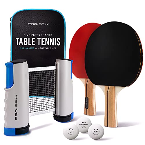 PRO-SPIN Set de Ping Pong Portátil - Kit Premium con Red Retráctil para Cualquier Mesa, Palas, Pelotas de Ping Pong 3 Estrellas y Caja de Almacenamiento - Regalo Ideal - Interior / Exterior