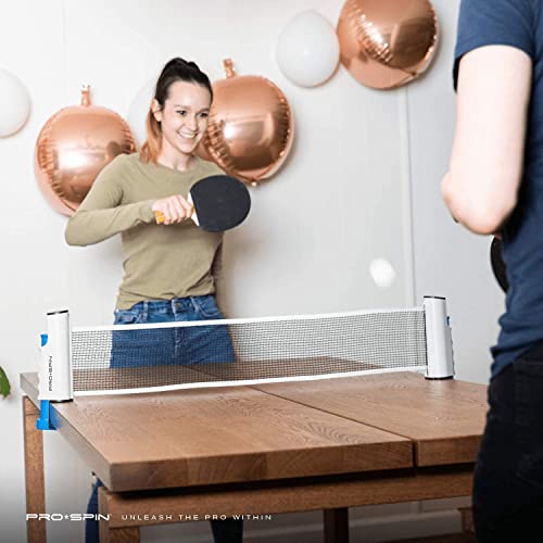 PRO-SPIN Set de Ping Pong Portátil - Kit Premium con Red Retráctil para Cualquier Mesa, Palas, Pelotas de Ping Pong 3 Estrellas y Caja de Almacenamiento - Regalo Ideal - Interior / Exterior