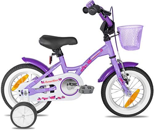 Prometheus 2021 - Bicicleta para niña (12 pulgadas, ruedas de apoyo, a partir de 3 años, contrapedal, 12 pulgadas, modelo de 2021), color morado y blanco