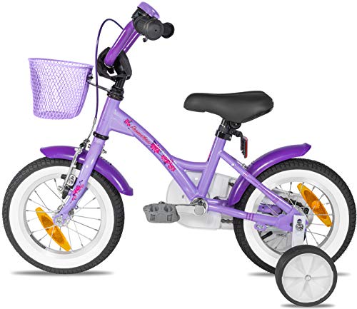 Prometheus 2021 - Bicicleta para niña (12 pulgadas, ruedas de apoyo, a partir de 3 años, contrapedal, 12 pulgadas, modelo de 2021), color morado y blanco