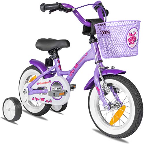 Prometheus 2021 - Bicicleta para niña (12 pulgadas, ruedas de apoyo, a partir de 3 años, contrapedal, 12 pulgadas, modelo de 2021), color morado y blanco