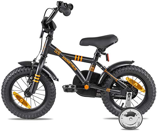 Prometheus 2022 - Bicicleta infantil (12 pulgadas, ruedas de apoyo, a partir de 3 años, contrapedal, 12 pulgadas, BMX, modelo 2022, en negro mate y naranja
