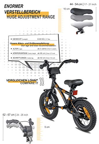 Prometheus 2022 - Bicicleta infantil (12 pulgadas, ruedas de apoyo, a partir de 3 años, contrapedal, 12 pulgadas, BMX, modelo 2022, en negro mate y naranja