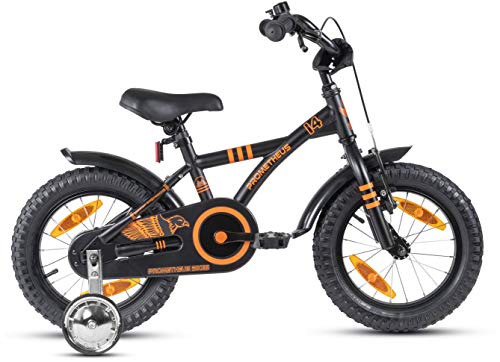 Prometheus 2022 - Bicicleta infantil (14 pulgadas, con ruedas de apoyo, a partir de 3-4 años, contrapedal, 14 pulgadas, BMX, modelo 2022), color negro y naranja