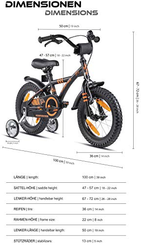 Prometheus 2022 - Bicicleta infantil (14 pulgadas, con ruedas de apoyo, a partir de 3-4 años, contrapedal, 14 pulgadas, BMX, modelo 2022), color negro y naranja