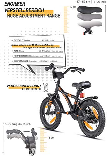 Prometheus 2022 - Bicicleta infantil (14 pulgadas, con ruedas de apoyo, a partir de 3-4 años, contrapedal, 14 pulgadas, BMX, modelo 2022), color negro y naranja