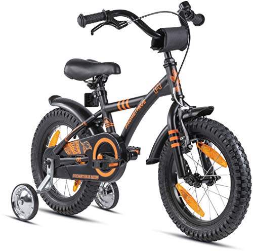 Prometheus 2022 - Bicicleta infantil (14 pulgadas, con ruedas de apoyo, a partir de 3-4 años, contrapedal, 14 pulgadas, BMX, modelo 2022), color negro y naranja