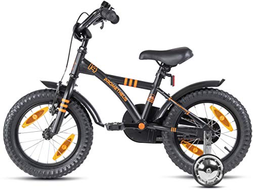 Prometheus 2022 - Bicicleta infantil (14 pulgadas, con ruedas de apoyo, a partir de 3-4 años, contrapedal, 14 pulgadas, BMX, modelo 2022), color negro y naranja