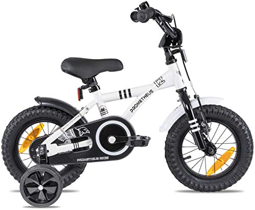 Prometheus Bicicleta para niños de 2 a 5 años | Bicicleta Infantil 3 años para niñas 12 Pulgadas con ruedines en Blanco y Negro