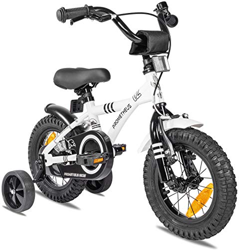 Prometheus Bicicleta para niños de 2 a 5 años | Bicicleta Infantil 3 años para niñas 12 Pulgadas con ruedines en Blanco y Negro