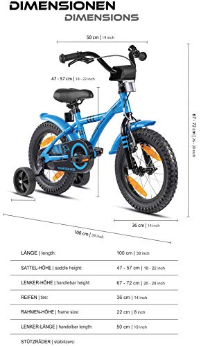 Prometheus Bicicleta para niños de 3 a 5 años | Bicicleta Infantil 4 años para niñas 14 Pulgadas con ruedines en Azul y Negro